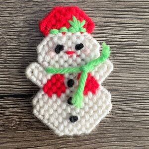 Handmade Plastic Canvas Festive Snowman Knit Yarn Ornament